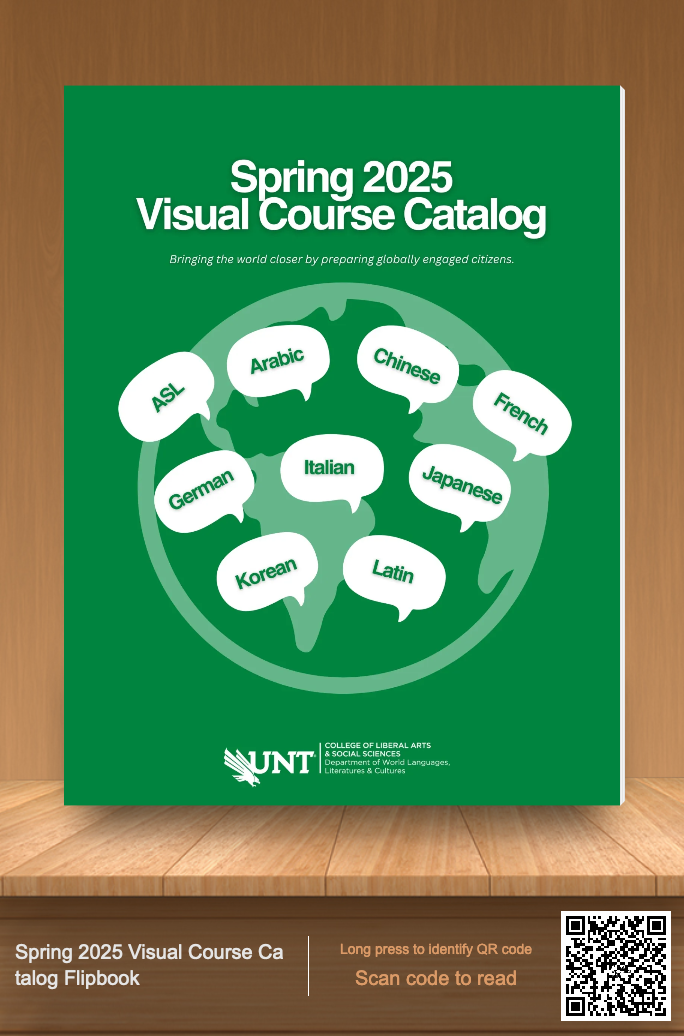 Spring 2025 Visual Course Guide cover with various languages in speech bubbles