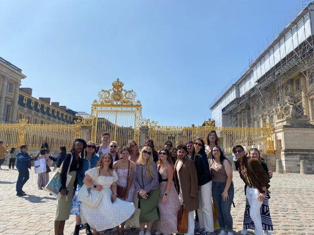 Students in France group shot on a perfectly sunny day.