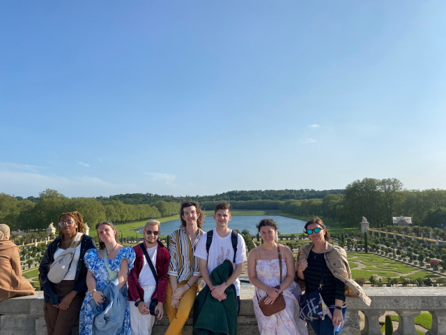 Students in France group shot on a perfectly sunny day.